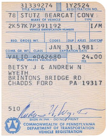 Lot #1632 Andrew Wyeth Car Registration Stub - Image 1
