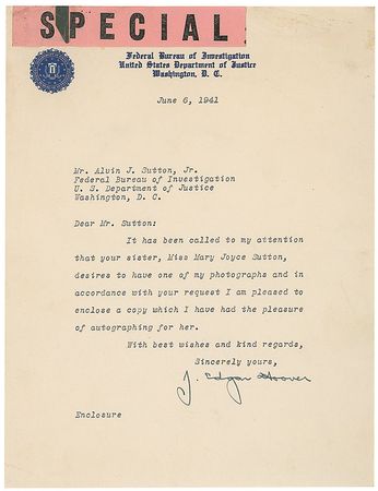 Lot #226 J. Edgar Hoover Signed Photograph and Typed Letter Signed - Image 1