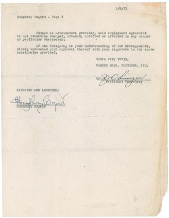 Lot #1016 Humphrey Bogart: Bogart?s beautifully signed 1950 Warner Bros. contract - Image 1