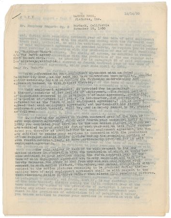 Lot #1016 Humphrey Bogart: Bogart?s beautifully signed 1950 Warner Bros. contract - Image 2