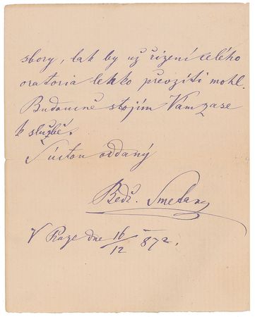 Lot #741 Bedrich Smetana: Extremely rare and musically oriented letter: “I am forced to withdraw from conducting oratorio this year” - Image 2