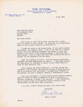 Lot #366 Mark W. Clark: ?I thoroughly enjoyed the opportunity of listening to Mozart?s great works played so often in that beautiful city? - Image 1