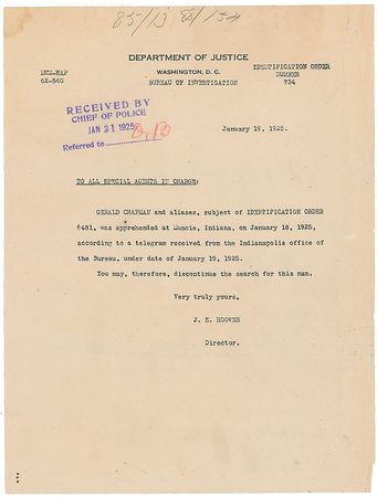 Lot #2150 J. Edgar Hoover: Gerald Chapman - Image 2