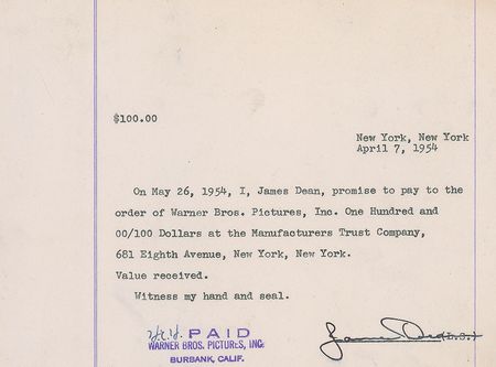 Lot #1026 James Dean: The day before leaving to film East of Eden, Dean promises to pay back part of his $700 advance - Image 1