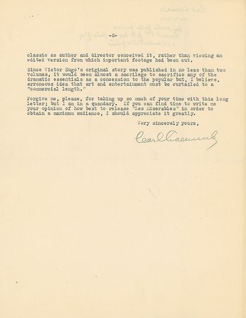 Lot #1042 Carl Laemmle: Pondering bringing 1926?s Les Miserables to the screen: ?Is the American public ready to patronize a picture twenty-two reels long, even granting that the film is a dramatic masterpiece?? - Image 2