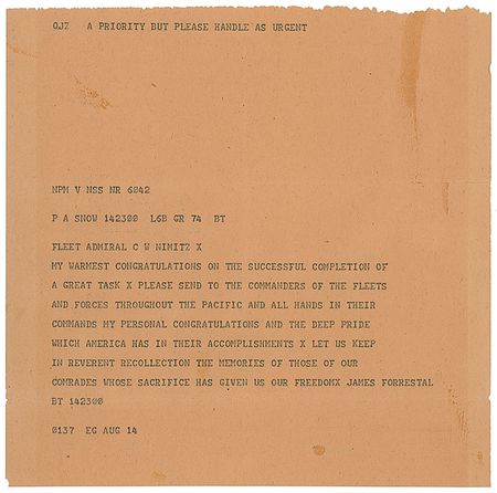 Lot #352 Chester Nimitz: Congratulatory Navy teletype to Nimitz on the day of the Japanese surrender - Image 2