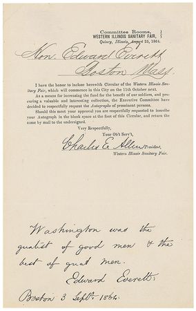 Lot #319 Edward Everett: “Washington was the greatest of good men & the best of great men” - Image 1