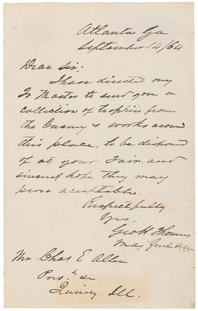 Lot #336 George H. Thomas: Just after capturing Atlanta, Thomas offers “a collection of trophies from the Enemy’s works around this place, to be disposed of at your Fair” - Image 1