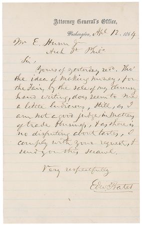 Lot #311 Edward Bates: “The idea of making money, for the Fair, by the sale of my clumsy hand writing, does seem to me a little ludicrous” - Image 1