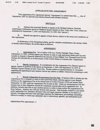 Lot #1365 Marlon Brando and Michael Jackson: Astonishing document guaranteeing Marlon Brando a jaw-dropping million dollars to appear at Jacksonâ??s 30th Anniversary Celebration - Image 2