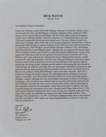 Lot #2105 John Dillinger: Incredibly rare penny recovered from John Dillinger's pocket the night of his death, one of the finest displays of the gunned-down gangster?s final personal affects that we have seen - Image 11