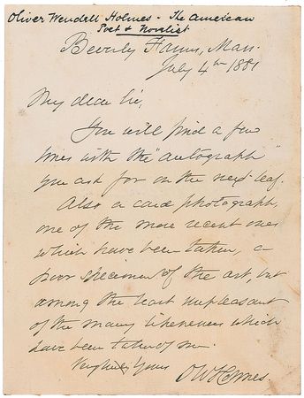 Lot #541 Oliver Wendell Holmes, Sr: Holmes sends a portrait ?among the least unpleasant of the many likenesses which have been taken of me? - Image 1
