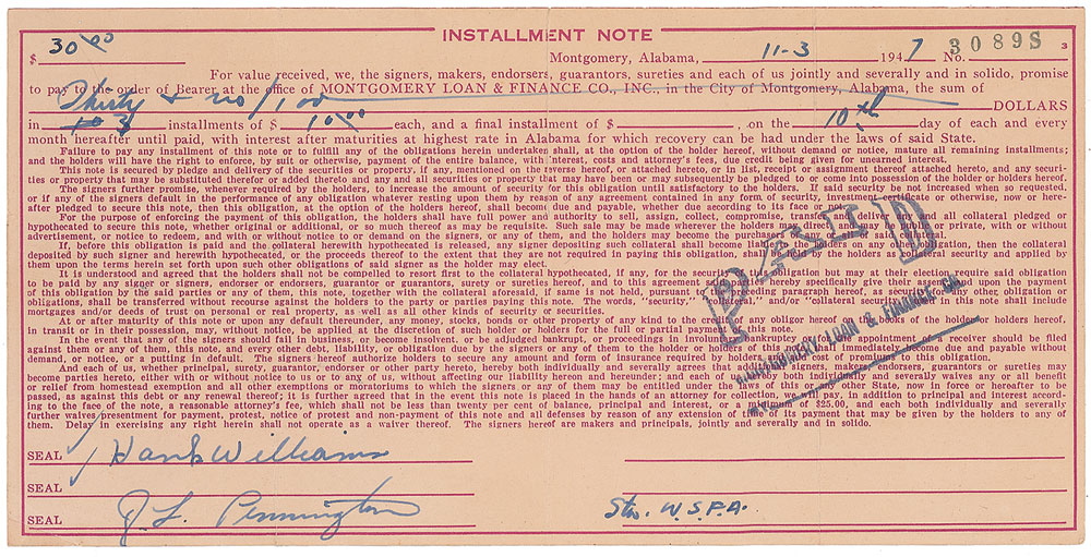 Lot 735 Hank Williams: Co-signing a 1947 loan for new stage wear for Drifting Cowboys member ‘Penny’ Pennington