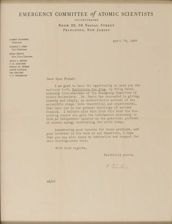 Lot #141 Albert Einstein: As chairman of the Emergency Committee of Atomic Scientists, Einstein hopes the reader can ?form an independent opinion on the practical problems of atomic energy? - Image 1