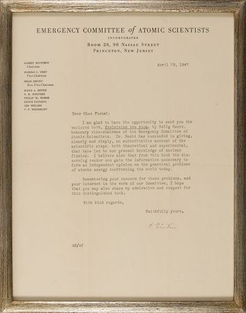 Lot #141 Albert Einstein: As chairman of the Emergency Committee of Atomic Scientists, Einstein hopes the reader can ?form an independent opinion on the practical problems of atomic energy? - Image 2