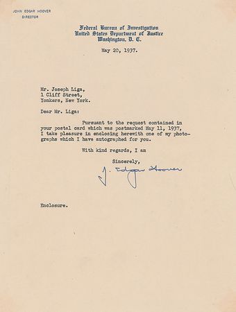 Lot #1536 J. Edgar Hoover Signed Photograph and Typed Letter Signed - Image 1