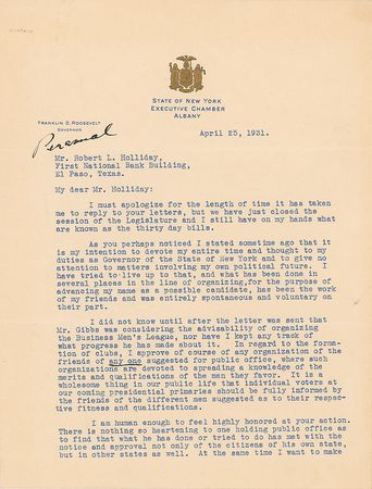 Lot #56 Franklin D. Roosevelt: “I am personally giving my whole attention solely to my duties as Governor and am taking no part in national political affairs or national political questions” - Image 1