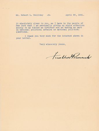 Lot #56 Franklin D. Roosevelt: “I am personally giving my whole attention solely to my duties as Governor and am taking no part in national political affairs or national political questions” - Image 2