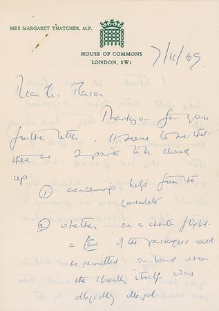 Lot #329 Margaret Thatcher: 1969 letter addressing problems on a charter flight - Image 1