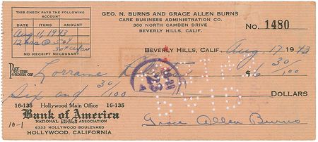 Lot #1106 George Burns and Gracie Allen Checks - Image 1