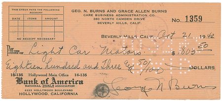 Lot #1106 George Burns and Gracie Allen Checks - Image 2