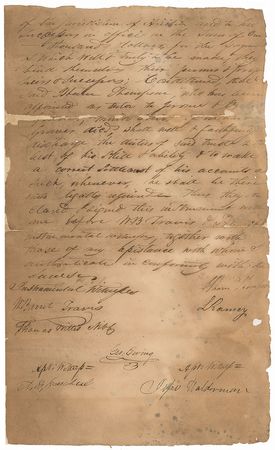 Lot #223 William Barret Travis: Incredibly scarce quadruple-signed legal document penned entirely in Travis?s hand - Image 3