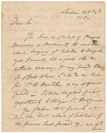 Lot #1013 David Garrick: The legendary Shakespearean actor: ?I am in ye midst of Players, Musicians & Machinists to consult about bringing ye Jubilee to Drury Lane? - Image 1