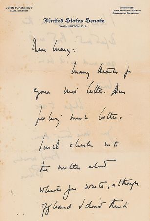 Lot #80 John F. Kennedy: In a scarce handwritten letter, a convalescing JFK looks to aid a constituent - Image 1