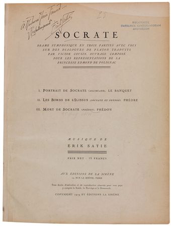 Lot #679 Erik Satie: Presenting a first edition of his ‘Socrate’ to the singer who premiered it to the world, complete with corrections in the composer’s hand - Image 1