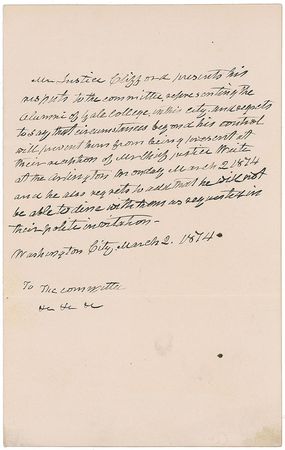 Lot #354 Supreme Court: Nathan Clifford: Regretfully declining his invitation to a ?reception of Mr. Chief Justice Waite? - Image 1
