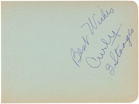 Lot #1280 Three Stooges: Superlative individual signatures from Moe, Larry, and Curly - Image 1
