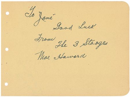 Lot #1280 Three Stooges: Superlative individual signatures from Moe, Larry, and Curly - Image 2
