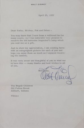 Lot #864 Walt Disney: Walt sends hearty thanks, and a gift, for a railroad lantern - Image 2