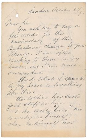 Lot #285 Florence Nightingale: A heartfelt remembrance of the Charge of the Light Brigade: “At one great battle which had to be fought on the defensive & won, the men stood firm as rocks till they fell—not a man stirred” - Image 1
