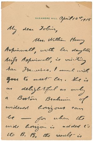 Lot #64 Theodore Roosevelt: “She is as delightful as only a Boston Brahmin of widened horizons can be” - Image 1