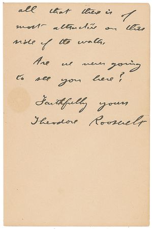 Lot #64 Theodore Roosevelt: “She is as delightful as only a Boston Brahmin of widened horizons can be” - Image 2