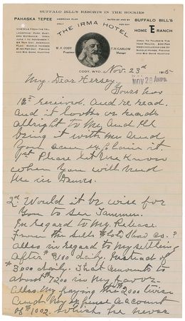 Lot #205 William ?Buffalo Bill? Cody: The western legend searches for an escape from the Sells Floto Circus: ?If Tammen will release me. And he not to use the name of ?Buffalo Bill? in any way. I?ll compromise? - Image 1