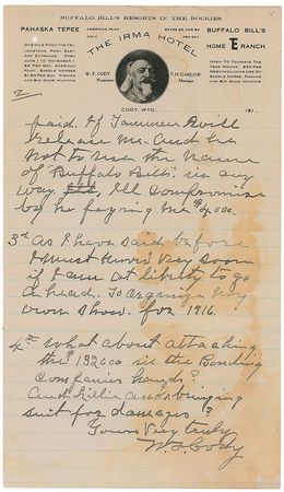 Lot #205 William ?Buffalo Bill? Cody: The western legend searches for an escape from the Sells Floto Circus: ?If Tammen will release me. And he not to use the name of ?Buffalo Bill? in any way. I?ll compromise? - Image 2