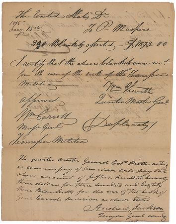 Lot #23 Andrew Jackson: Ordering blankets for a