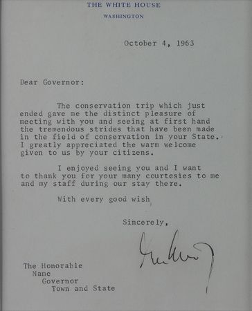 Lot #132 John F. Kennedy: President Kennedy thanks the eleven governors who hosted his enthusiastic speeches on environmental issues during a 1963 conservation tour - Image 2