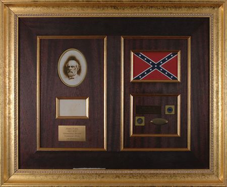 Lot #570 Robert E. Lee: Beautifully displayed Lee signature with a lock of his hair and a swatch from his actual battle flag - Image 1