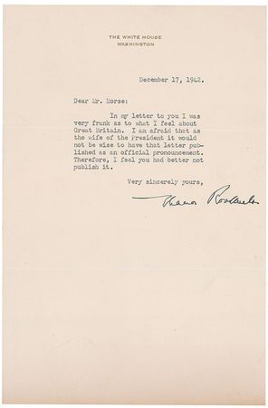 Lot #97 Eleanor Roosevelt: “I am afraid as the wife of the President it would not be wise to have that letter published as an official pronouncement” - Image 1