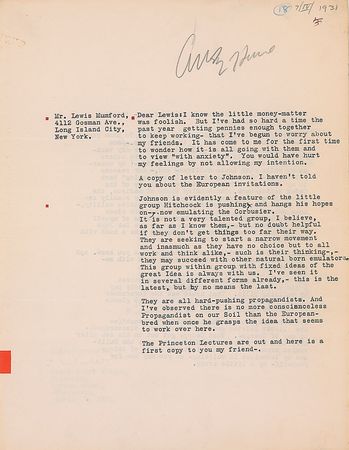 Lot #798 Frank Lloyd Wright: Resistant to the nascent MOMA International Style exhibition, Wright denounces the featured architects as “emulating the Corbusier,” continuing, “It is not a very talented group, I believe” - Image 1