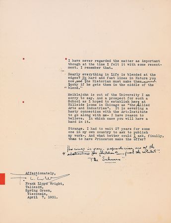 Lot #798 Frank Lloyd Wright: Resistant to the nascent MOMA International Style exhibition, Wright denounces the featured architects as “emulating the Corbusier,” continuing, “It is not a very talented group, I believe” - Image 3