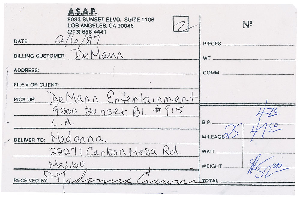Lot 1203 Madonna: Signing for a delivery using her scarce full signature