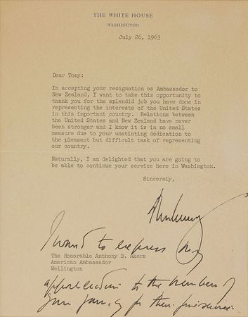 Lot #121 John F. Kennedy: Accepting the resignation of the ambassador to New Zealand - Image 1