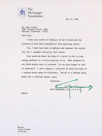 Lot #384 Karl Menninger: “Belief in a Supreme Being makes for a different mental state” - Image 2