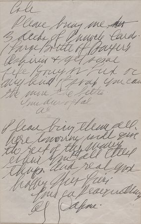 Lot #191 Al Capone: Two striking signatures on a bold and bright grocery list requesting “3 decks of Pennucle Cards” - Image 1