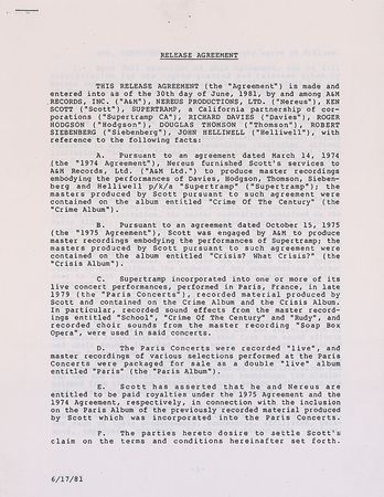 Lot #1258 Supertramp Signed Document - Image 1