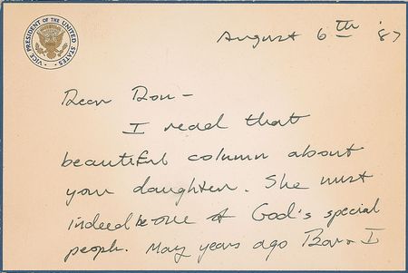 Lot #134 George Bush: “Many years ago Bar & I lost a 4 yr old daughter to Leukemia. We didn’t have her for 27 years only 4 God how it hurt” - Image 1
